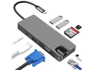  USB C Hub, USB Type C Hub, 9 in 1 USB C to HDMI Adapter with Ethernet,Power Delivery Type C Charging Port,to RJ45+HDMI+VGA+TF+SD Slot+USB3.0 * 2+Audio Jack+PD