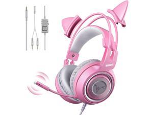 G951s Pink Gaming Headset with Mic for PS4 Xbox PC Mobile Phone 3.5mm Cat Headphones Noise Reduction Over Ear Headphones with Detachable Cat Ear for Girls Woman