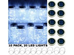 Solar Mason Jar String Light Lids 10 Pack 20 LED Fairy Firefly String Light Inserts with 10 Hangers Starry Lightin for Patio Lawn Garden Wedding (Cool White)