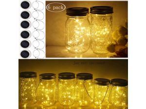 6 Pack Mason Jar Lights 10 LED Solar Warm White Fairy String Lights Lids Insert for Garden Deck Patio Party Wedding Christmas Decorative Lighting Fit for Regular Mouth Jars with Hangers