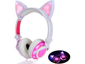 Cute On-Ear Headphones for Girls (4-20 Ages) Foldable Noise Isolating Cat Headphones with Light Up LED Wired Earphones for iPad Tablet PC Computer Mobile Phones Xmas Gift (Pink)