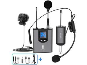 UHF Wireless Microphone System Headset Mic/Stand Mic/Lavalier Lapel Mic with Rechargeable Bodypack Transmitter & Receiver 1/4 Output for iPhone PA Speaker DSLR Camera Recording Teaching