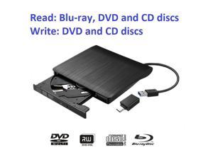 Portable External 3D Blu-ray Drive Slim USB 3.0 and Type-c Bluray CD/DVD Burner Blu Ray Player - Supports Burning Blu-ray Disc - Brushed Metal Texture - for Mac PC Windows11/10/8/7 Linux OS
