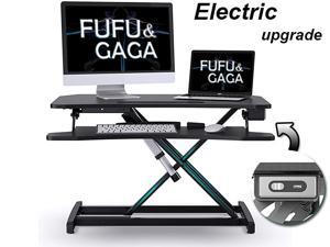 Electric Powered Lifting Standing Desk Converter, 34" Height Adjustable Sit Stand Desk Riser, Dual Monitors Removable Keyboard Tray, Black