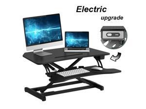 Electric Powered Lifting Standing Desk Converter, 34" Height Adjustable Sit Stand Desk Riser, Dual Monitors Removable Keyboard Tray, Black Electric Powered Lifting Standing Desk Converter, 34" Height Adjustable Sit Stand Desk Riser, Dual Monitors Removable Keyboard Tray, Black