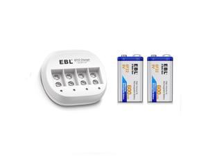 EBL 2 Pack 6F22 600mAh 9V Lithiumion Rechargeable Batteries with 4 Bay 9V Liion Battery Charger