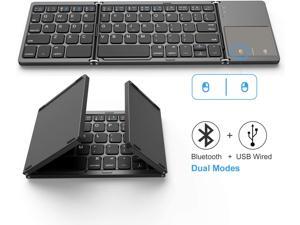 Foldable Bluetooth Keyboard, Dual Mode Bluetooth & USB Wired Rechargable Portable Mini BT Wireless Keyboard with Touchpad Mouse for Android, Windows, PC, Tablet-Dark Gray
