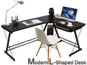 Modern 47'' + 43'' L-Shaped Home Office Corner Deskwith Keyboard Tray, Multipurpose Computer Desk Keyboard Tray Writing Study Office Table Pc Laptop Space-Saving,BLACK