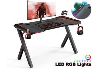 Ergonomic Gaming Desk, 47 Inch Y Shaped Home Office PC Computer Table, Gaming Desks Workstation with RGB LED Lights, Headphone Hook & 2 Cable Management Holes - Black Ergonomic Gaming Desk, 47 Inch Y Shaped Home Office PC Computer Table, Gaming Desks Workstation with RGB LED Lights, Headphone Hook & 2 Cable Management Holes - Black