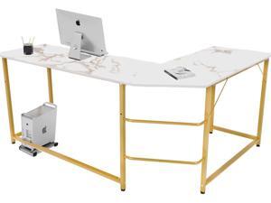 FUFU&GAGA Modern L-Shaped Desk, Corner Computer Desk PC Laptop Gaming Table Workstation for Home Office, White Faux Marble/Gold Metal Frame FUFU&GAGA Modern L-Shaped Desk, Corner Computer Desk PC Laptop Gaming Table Workstation for Home Office, White Faux Marble/Gold Metal Frame