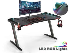 Gaming Desk, 55 Inch Gaming Table, PC Computer Workstation with LED RGB Lights, Headphone Hook and Cup Holder for Home, Black Gaming Desk, 55 Inch Gaming Table, PC Computer Workstation with LED RGB Lights, Headphone Hook and Cup Holder for Home, Black