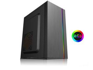 Micro ATX tower gaming PC computer case, front panel with LED light and pattern, PSU and HDD/SSD installed at the bottom