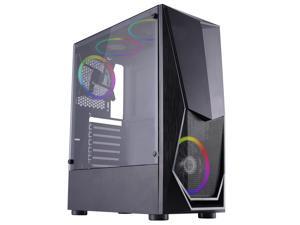 HSCCGI ATX Mid-Tower Computer Gaming Case/Pre-Installed Four Rainbow LED Fans, High-Airflow,  Tempered Glass, Magnetic Dust Filter/ATX,Micro ATX,Mini-ITX, Black