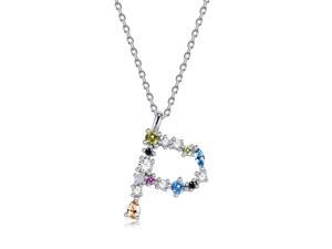 Silver Pendant Necklace for Women, S925 Sterling Silver 26 Engligh Letters Colorful Zircon Women Nacklace Jewelry, Style:P