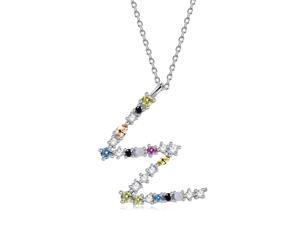 Silver Pendant Necklace for Women, S925 Sterling Silver 26 Engligh Letters Colorful Zircon Women Nacklace Jewelry, Style:W