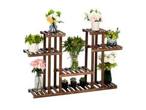 Wood Plant Stand Outdoor - 4-Story 12-Seat Multi-Function Carbonized Indoor Plant Stand