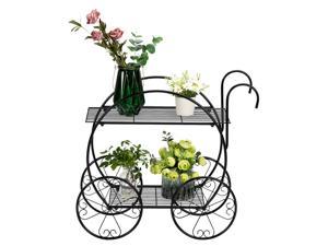 Metal Plant Stand - With Handle Cart Shape 2 Layer Outdoor Plant Stand Indoor Black