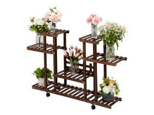 Wood Plant Stand Outdoor - 12-Seater Multifunctional Carbonized Color Wheel Indoor 4 Tier Plant Stand