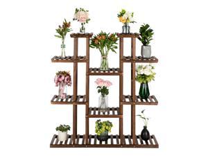 Wood Plant Stand Indoor and Outdoor -  6-Story 11-Seat Multifunctional Carbonized  Outdoor Plant Stand