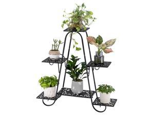 Metal Plant Stand Outdoor - One Lacquered 31-inch High Arched 4-Layer 6-Seat Potted Plant Stand with Patterned Layout Black