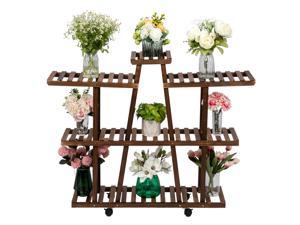 Wood Plant Stand - 9-Seat Indoor And Outdoor Multifunctional Carbonized Ribbon Wheel Wooden 3 Tier Plant Stand