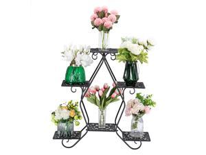 Metal Plant Stand Outdoor - Paint 30.3 Inch High Pentagon 3 Layers 5 Seats Potted Tall Plant Stand With Pattern Layout Black