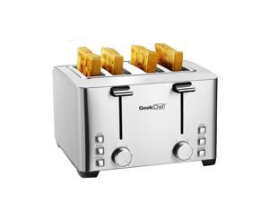 Toaster 4 Slice, Geek Chef Stainless Steel Extra-Wide Slot Toaster with Dual Control Panels of Bagel/Defrost/Cancel Function, 6 Toasting Bread Shade Settings