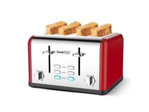 Toaster 4 slices, Geek Chef Stainless Steel Extra-wide Slot Toaster, Dual Control Panel with Bagel/Defrost/Cancel Function, 6 Shade Settings for Baking Bread, Detachable Crumb Tray