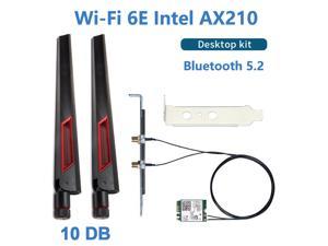 10DB Antenna Set Wi-Fi 6E Intel AX210 Bluetooth 5.2 + 3000Mbps 2.4Ghz 5Ghz 6Ghz M.2 2230 Key E Desktop Kit Wireless Adapter AX210NGW WiFi 6 Card 802.11ax/ac Support MU-MIMO OFDMA Windows 10