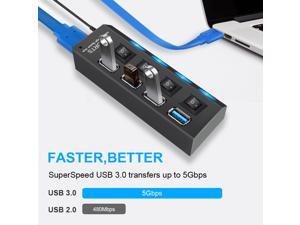 4 Port USB 3.0 Hub Powered USB Data Hub Extender Aluminum USB Splitter with Individual On/Off Switches