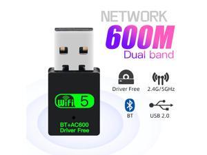 USB WiFi 5 Bluetooth 5.0 Adapter 2in1 Dongle, 600Mbps Dual Band 2.4/5Ghz Wireless Network External Receiver, Mini USB WiFi Network Wireless Wlan Receiver DRIVER FREE for PC Laptop Desktop