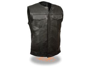 Men's Basic Leather Motorcycle Vest Zipper & Snap Closure w/ 2 Inside Gun Pockets & Single Panel Back