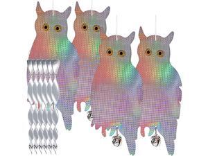 Bird Scare Owls Reflective Owl Effective Hanging Owl Bird Repellent Devices Fake Owl to Keep Birds Away Woodpecker Deterrent for House 4 Pack Bonus 6 Reflective Scare Spiral Rods