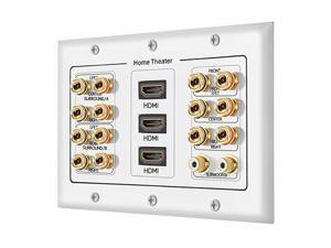 72 Surround Sound Distribution Home Theater Copper Banana Binding Post Coupler Type Wall Plated for 7 Speakers 2 RCA Jacks for Subwoofers amp 3 HDMI Ports 72 Surround Sound Distribution Home Theater Copper Banana Binding Post Coupler Type Wall Plated for 7 Speakers 2 RCA Jacks for Subwoofers amp 3 HDMI Ports