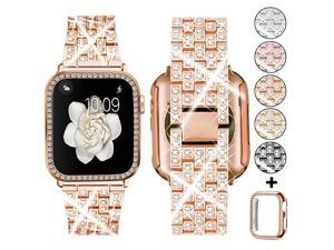 Compatible with Apple Watch Band 38mm 40mm 42mm 44mm + Case Women Jewelry Bling Diamond Replacement Metal Strap amp Soft PC Bumper Protective Case for iWatch Series 54321Rose Gold