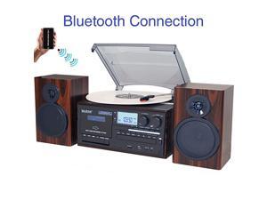 BT-28MB, Bluetooth Classic Style Record Player Turntable with AM/FM Radio, CD / Cassette Player, 2 Separate Stereo Speakers, Record from Vinyl, Radio, and Cassette to MP3, SD Slot, USB, AUX BT-28MB, Bluetooth Classic Style Record Player Turntable with AM/FM Radio, CD / Cassette Player, 2 Separate Stereo Speakers, Record from Vinyl, Radio, and Cassette to MP3, SD Slot, USB, AUX
