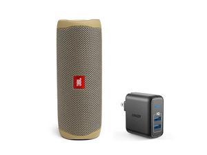 Flip 5 Waterproof Portable Wireless Bluetooth Speaker Bundle with 2-Port USB Wall Charger - Sand