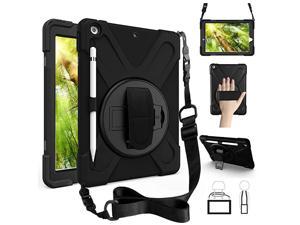 iPad 9th Generation Case, iPad 8th/7th Generation 10.2 Case with Pencil Holder Kickstand Hand Strap and Shoulder Strap  Rugged Shockproof Case for iPad 10.2 inch 2021/2020/2019,Black