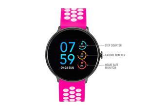 Sport Round Smartwatch with Waterproof Technology Heart Rate Monitor MultiSports Mode Pedometer for Android and iOS Smart Phones Perforated Silicone Strap FuchsiaWhite