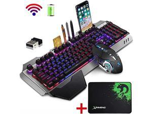 Gaming Keyboard and Mouse Combo with Rainbow LED Backlit Rechargeable 4800mAh Battery Metal Panel Mechanical Ergonomic Waterproof Dustproof 7Color Mute Mice for Computer PC Mac Gamer Purple