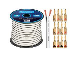 14 Gauge AWG 100ft Speaker Wire Cable White with 12 Banana Plugs