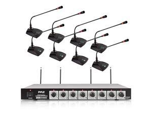 8 Channel Wireless Microphone System - Portable VHF Cordless Audio Mic Set with 1/4" and XLR Output, Dual Antenna, - Includes 8 Table Top Mics, Rack Mountable Receiver Base - PDWM8300,Black 8 Channel Wireless Microphone System - Portable VHF Cordless Audio Mic Set with 1/4" and XLR Output, Dual Antenna, - Includes 8 Table Top Mics, Rack Mountable Receiver Base - PDWM8300,Black
