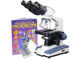 LED Lab Binocular Compound Microscope + Book + 25 Prepared Slides