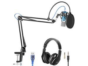 USB Microphone with Suspension Scissor Arm Stand Shock Mount Monitor Headphone Pop Filter USB Cable and Table Mounting Clamp Kit for Sound Recording for Windows and Mac BlueSilver