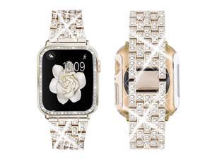 Compatible with Apple Watch Band 38mm 40mm 42mm 44mm + Case Women Jewelry Bling Diamond Replacement Metal Strap amp Clear PC Bumper Protective Case for iWatch Series 54321Champagne
