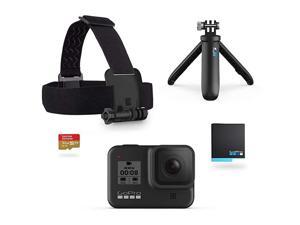 Hero8 Black Retail Bundle - Includes Hero8 Black Camera Plus Shorty, Head Strap, 32GB SD Card, and 2 Rechargeable Batteries
