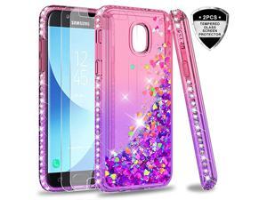 Compatible with Galaxy J3 2018 Case,J3 Star/J3 Achieve/Express Prime 3/Amp Prime 3 Case with Tempered Glass Screen Protector, Glitter Case for Samsung J3V J3 V 3rd Gen, Pink/Purple