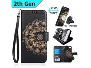 Mandala Embossed Upgrade Version Wallet Case for iPhone 8-Plus&7-Plus,Magnetic Detachable TPU Case,RFID Protection,2-Way Stands,Fit Car Mount,Card Slots Holder,Wrist Strap[Black][2th Gen]