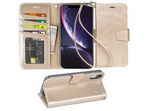 Wallet Case for iPhone XR PU Leather flip case Cover Stand Feature with Wrist Strap and 4Slots IDCredit Cards Pocket for iPhone XR 61 inch Champagne Gold