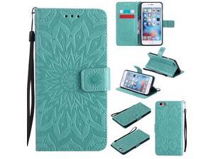 iPhone 6 / 6S Wallet Case [NOT iphone 6 plus], Sun Pattern Embossed PU Leather Magnetic Flip Cover Card Holders & Hand Strap Wallet Purse Case iPhone 6 / 6S [4.7 Inch] - Green